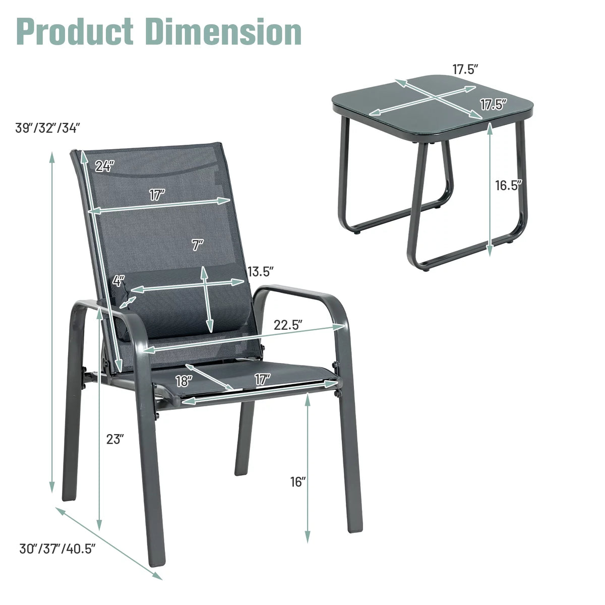 3PCS Adjustable Back Stackable Chairs Side Table Set Black N768
