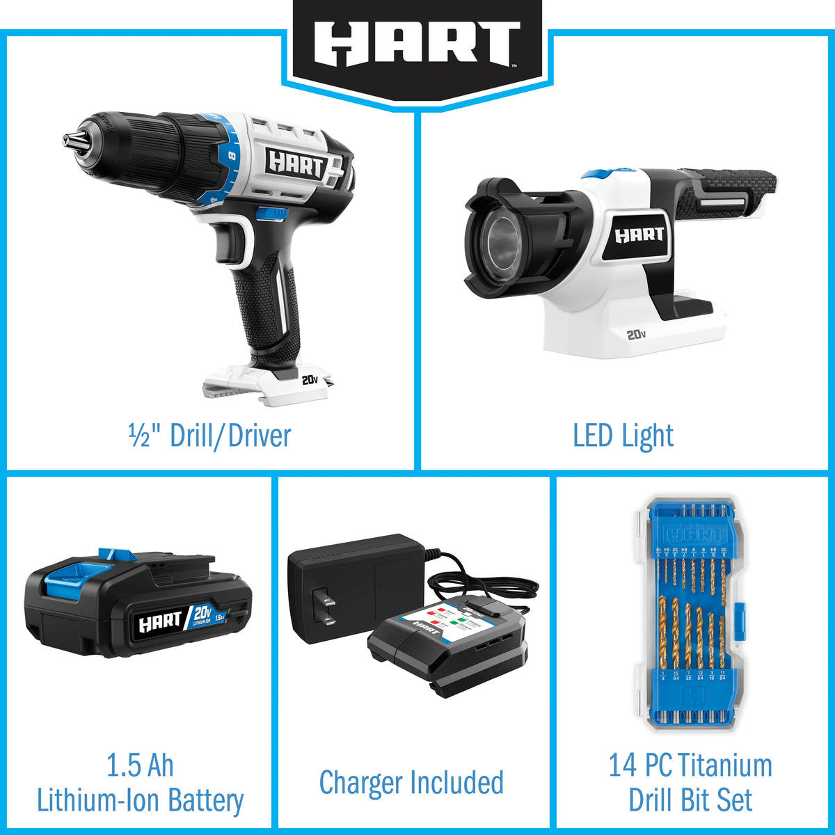 Cordless 1/2-inch Drill and LED Light Kit with 14-Piece Accessory Kit J131820