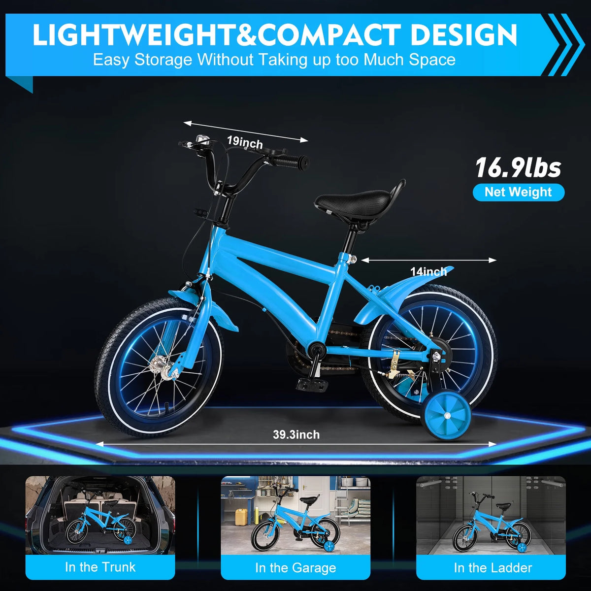 14 Inch Kids Bike Adjustable with Training Wheels Blue P4790