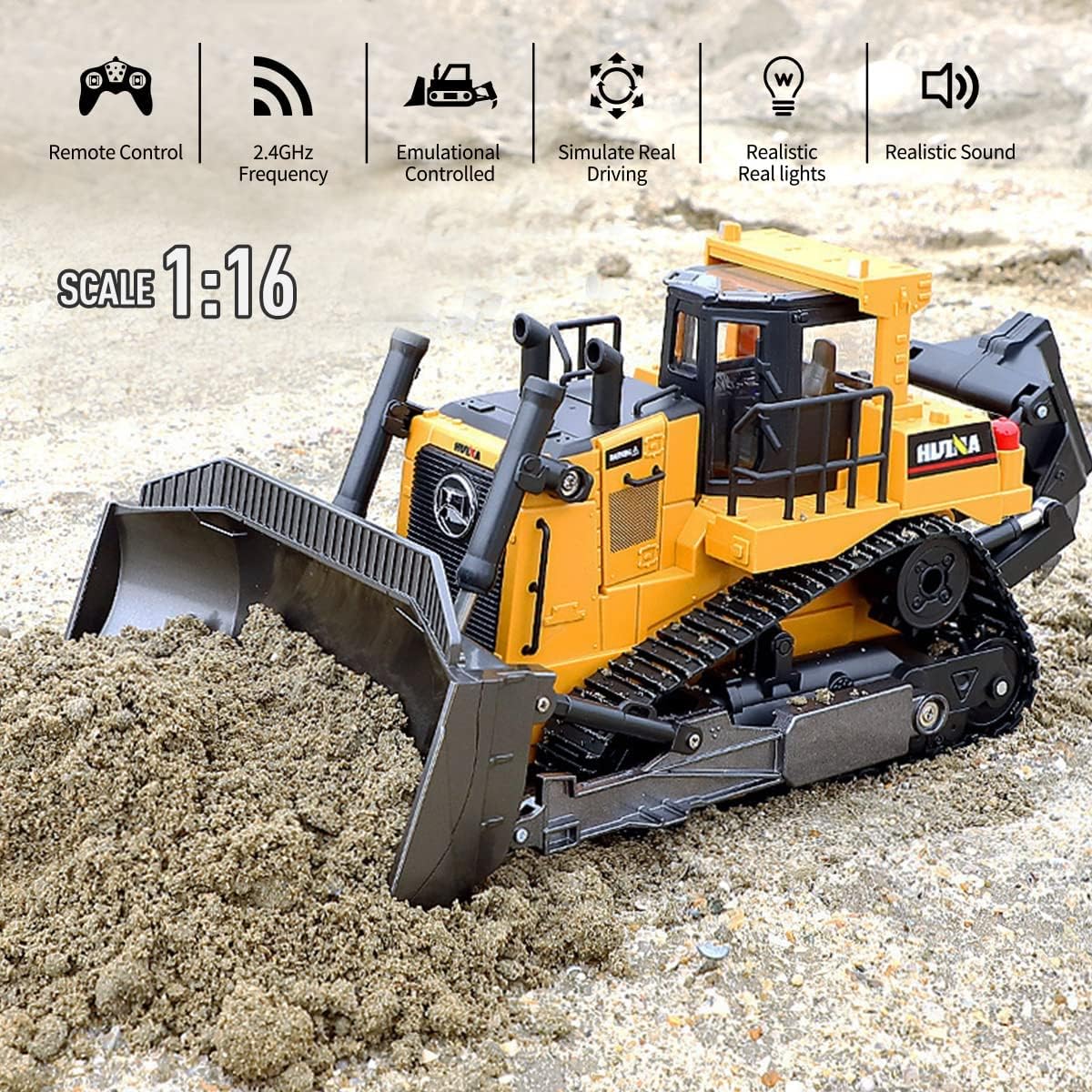 1/16 Scale 9 Channel RC Bulldozer Construction Toy Vehicle with Light and Sound A22492
