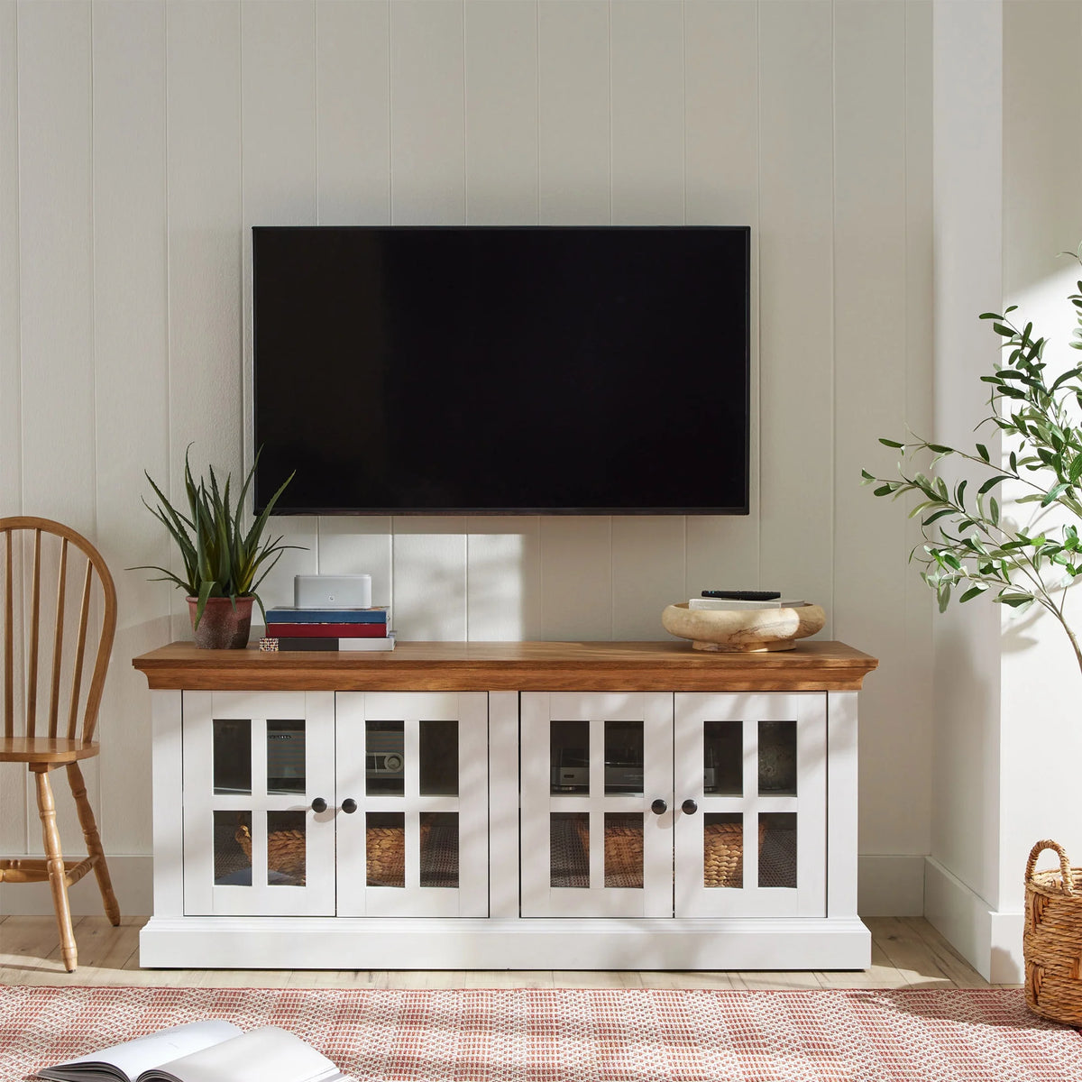 4-door TV Stand for TVs up to 85", White/Walnut Finish R39820