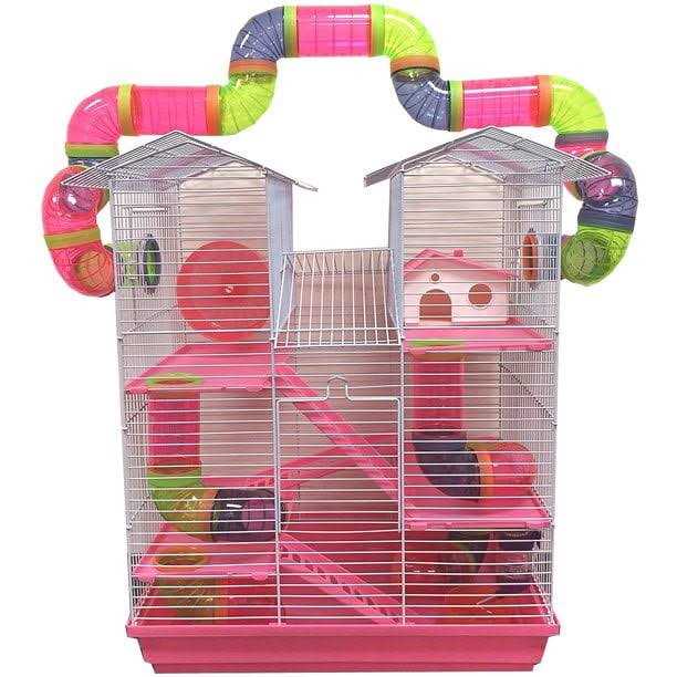 Pink 5-Levels Hamster Mouse Cage with Long Crossover Tube S3739