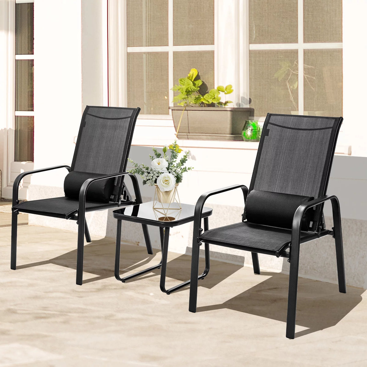 3PCS Adjustable Back Stackable Chairs Side Table Set Black N768