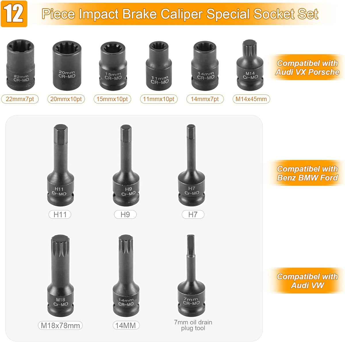 12 Pc Impact Brake Caliper Socket Set 1/2 Square Drive O578