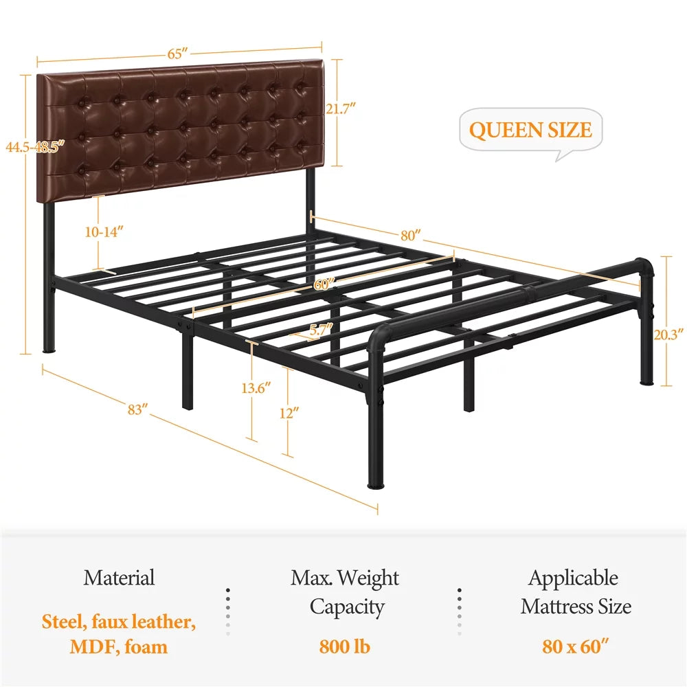 Metal Platform Bed Frame with Upholstered Headboard Queen Brown Q910