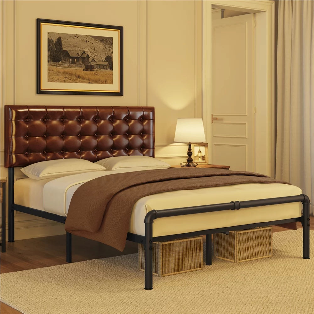Metal Platform Bed Frame with Upholstered Headboard Queen Brown Q910