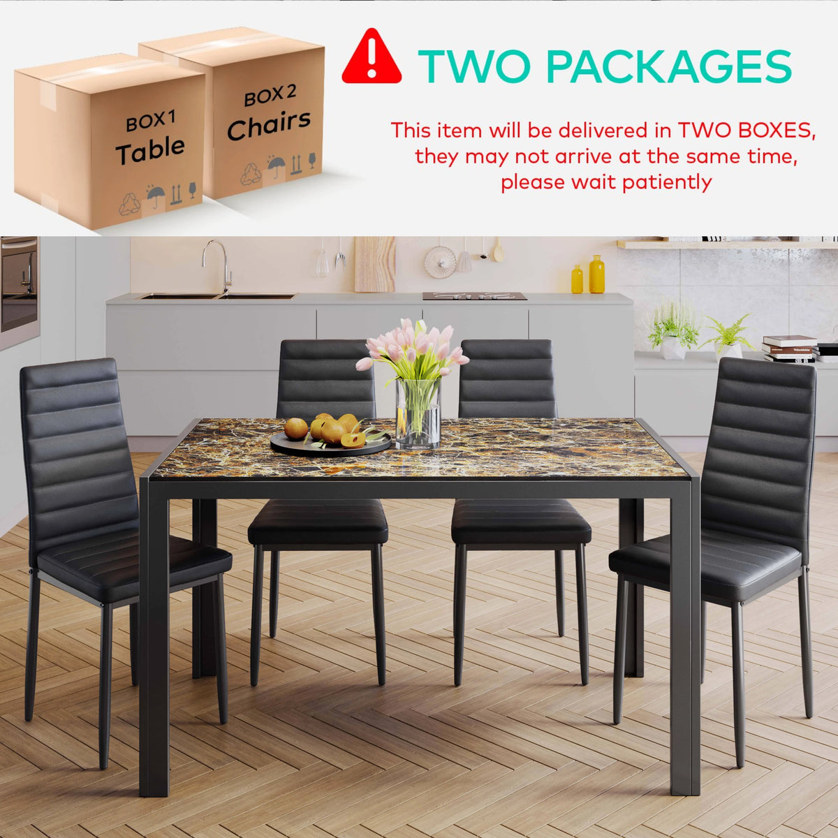 5-Piece Rectangular Kitchen Dining Table Set for 4 Black L7767