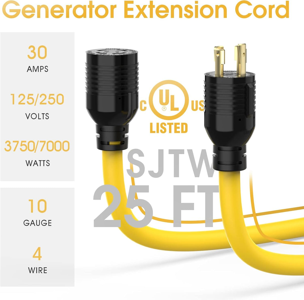 30A 125/250V 7500W Generator Power Extension Cord 25 Feet J179