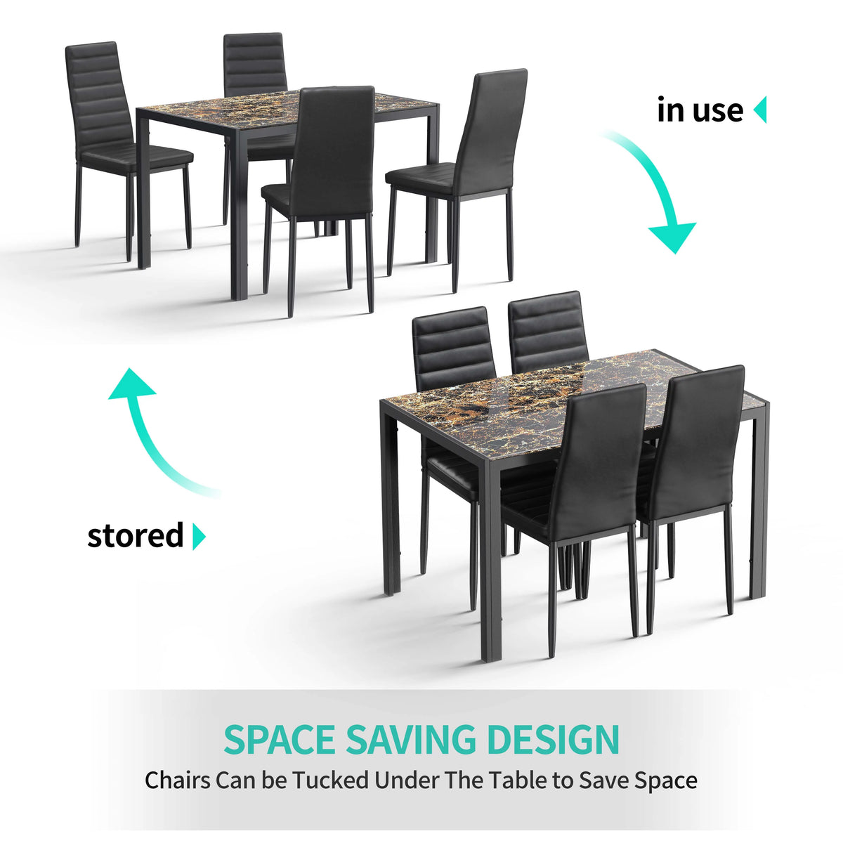 5-Piece Rectangular Kitchen Dining Table Set for 4 Black L7767