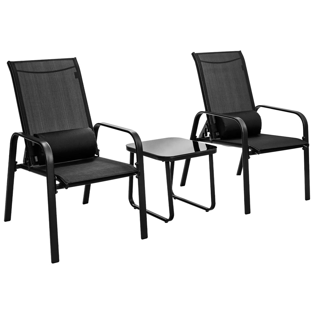 3PCS Adjustable Back Stackable Chairs Side Table Set Black N768