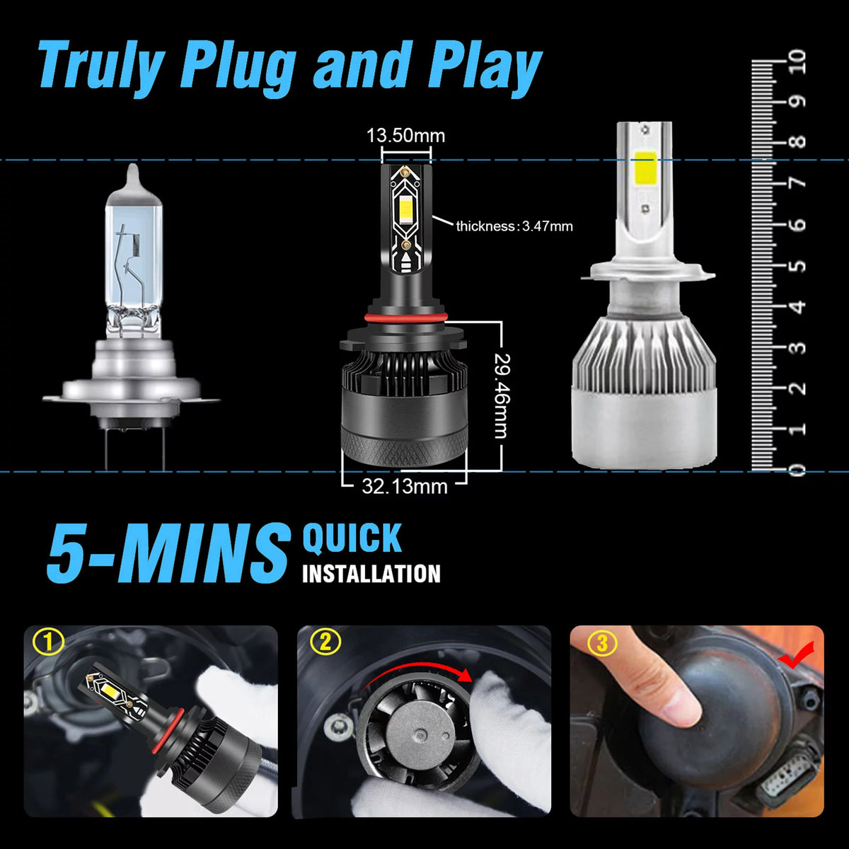 9005/HB3 LED Headlight Bulbs 100W 20000 Lumens 6500K Cool White IP68 Waterproof Pack of 2 C942