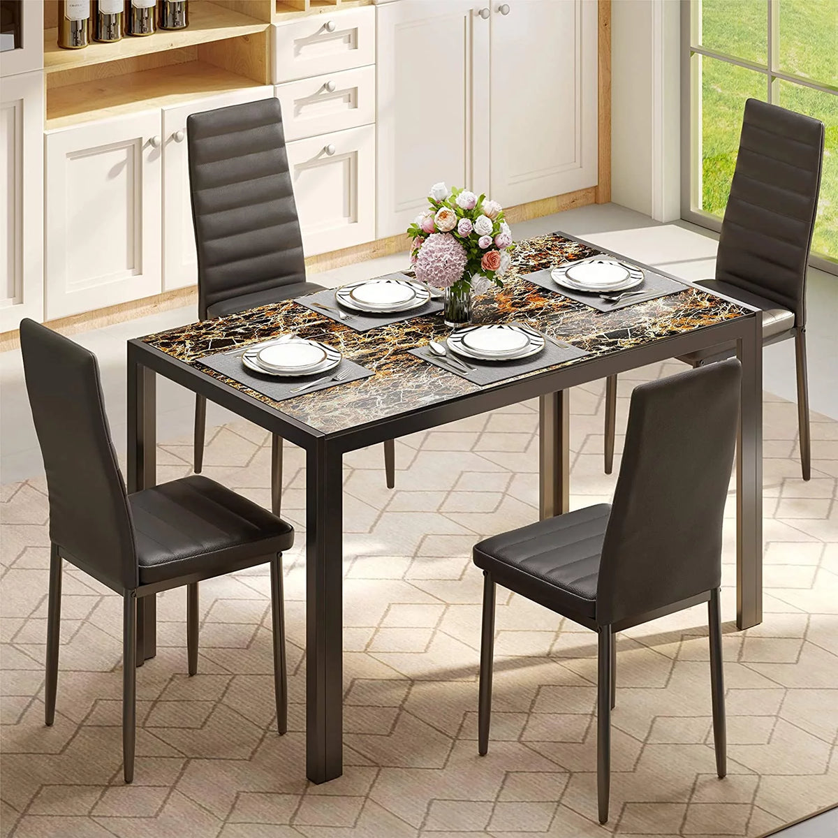 5-Piece Rectangular Kitchen Dining Table Set for 4 Black L7767