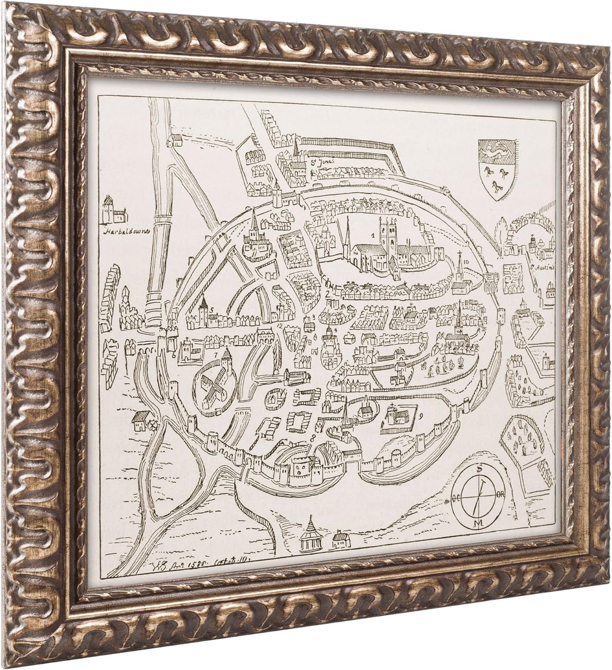 16th Century Canterbury Map 11 by 14-Inch Gold Ornate Frame Z420