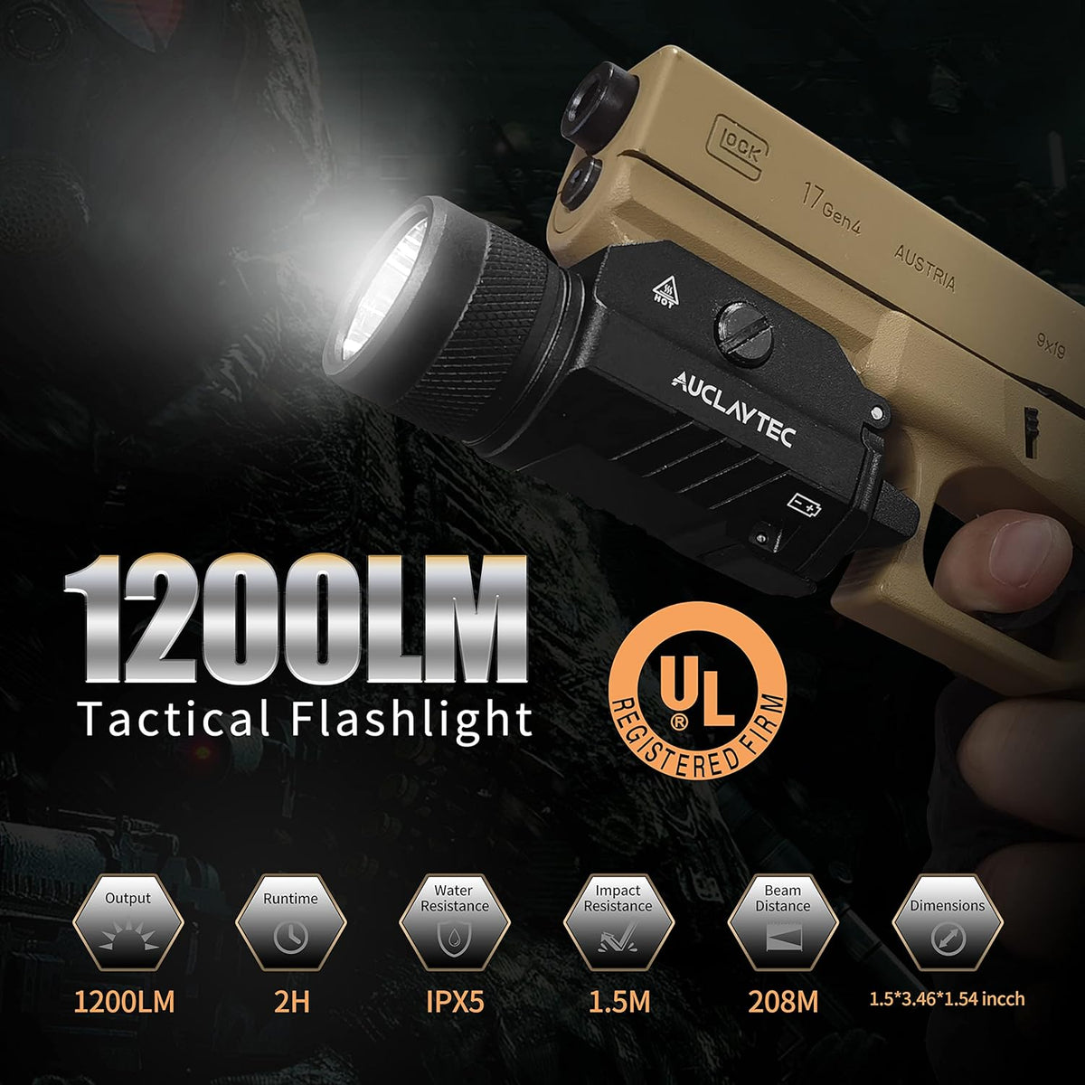 1200 Lumens Mounted Pistol Flashlight with Strobe Mode B658