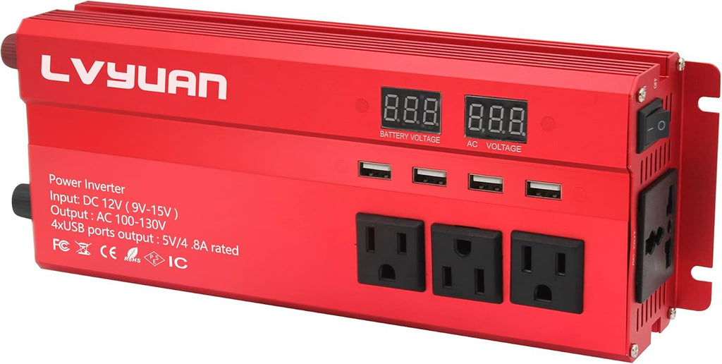 1000W Car Power Inverter 12V to 110V AC with 4 Outlets and 4 USB Ports F44345