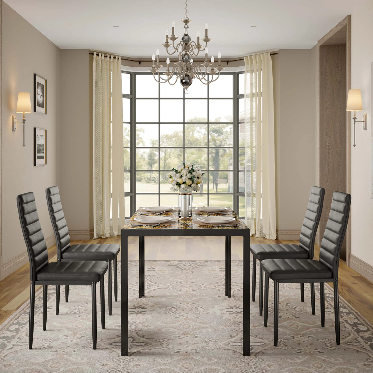 5-Piece Rectangular Kitchen Dining Table Set for 4 Black L7767