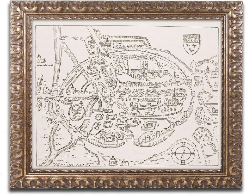 16th Century Canterbury Map 11 by 14-Inch Gold Ornate Frame Z420