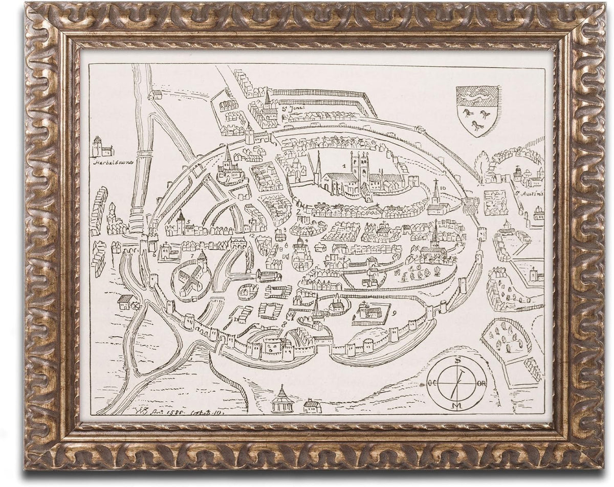 16th Century Canterbury Map 11 by 14-Inch Gold Ornate Frame Z420