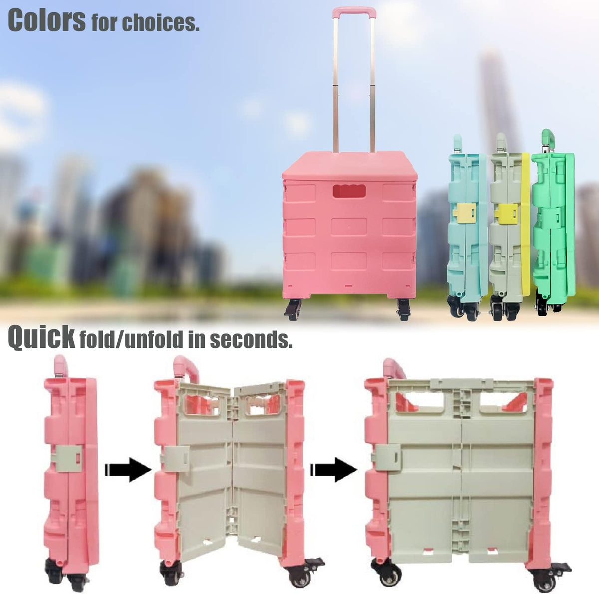 Foldable Rolling Cart with Wheels and Handle Pink Z297