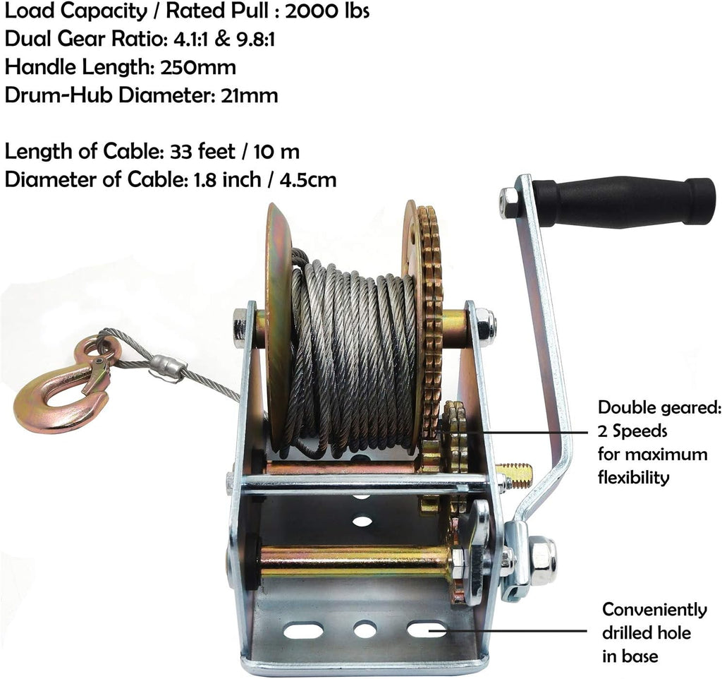 2000Lbs Dual Gear Hand Winch with 33FT Steel Cable Pack of 2 X914