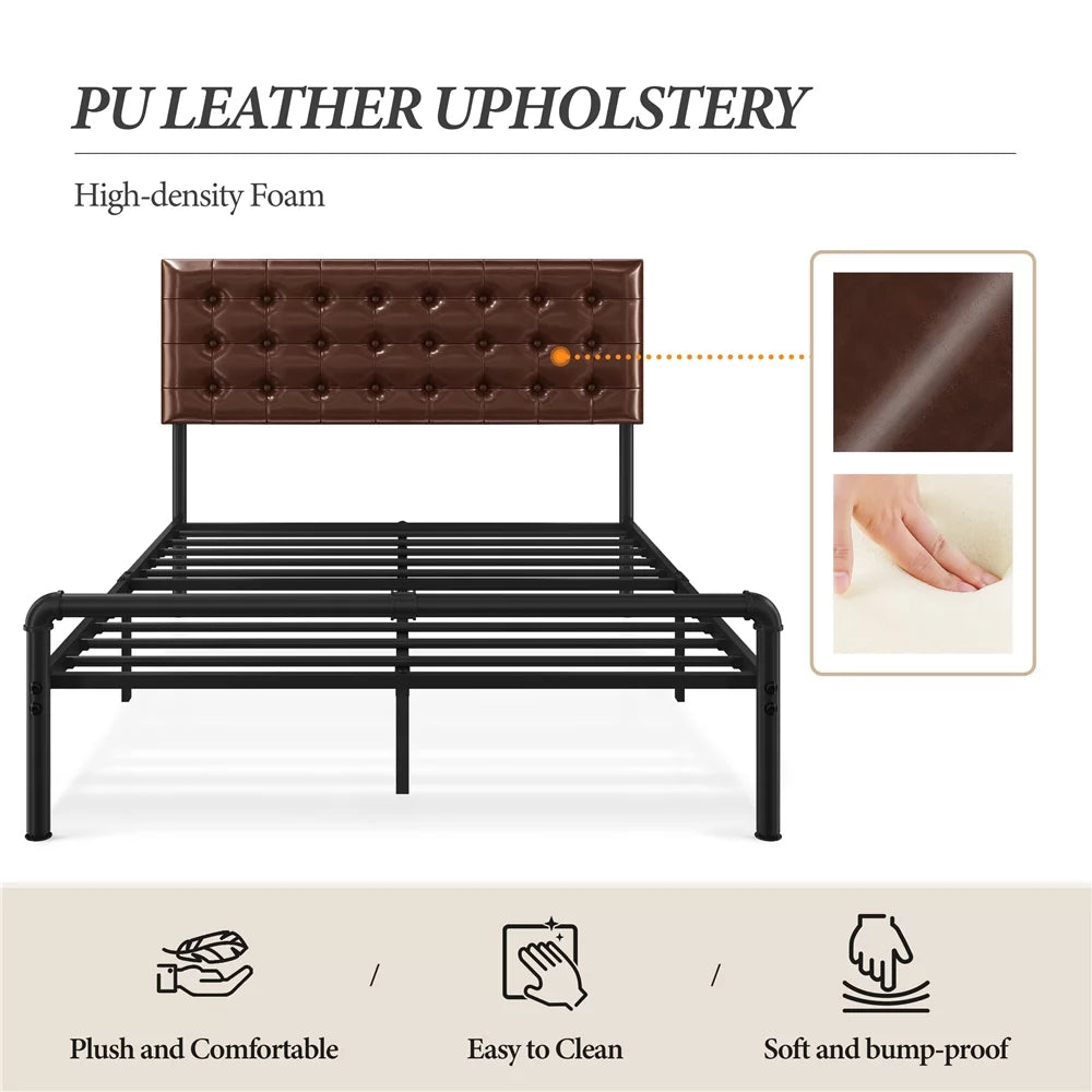 Metal Platform Bed Frame with Upholstered Headboard Queen Brown Q910