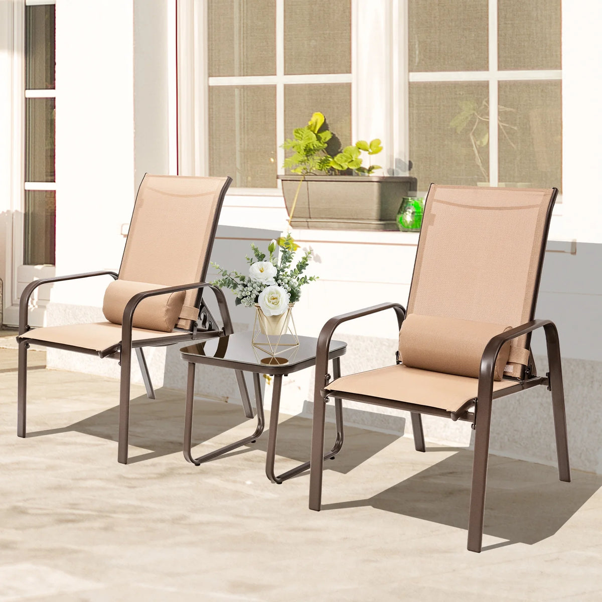 3PCS Adjustable Back Stackable Chairs Side Table Set Black N768