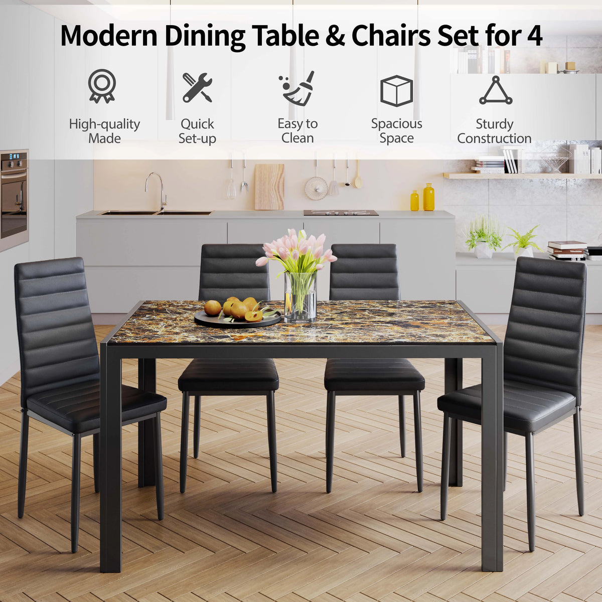 5-Piece Rectangular Kitchen Dining Table Set for 4 Black L7767