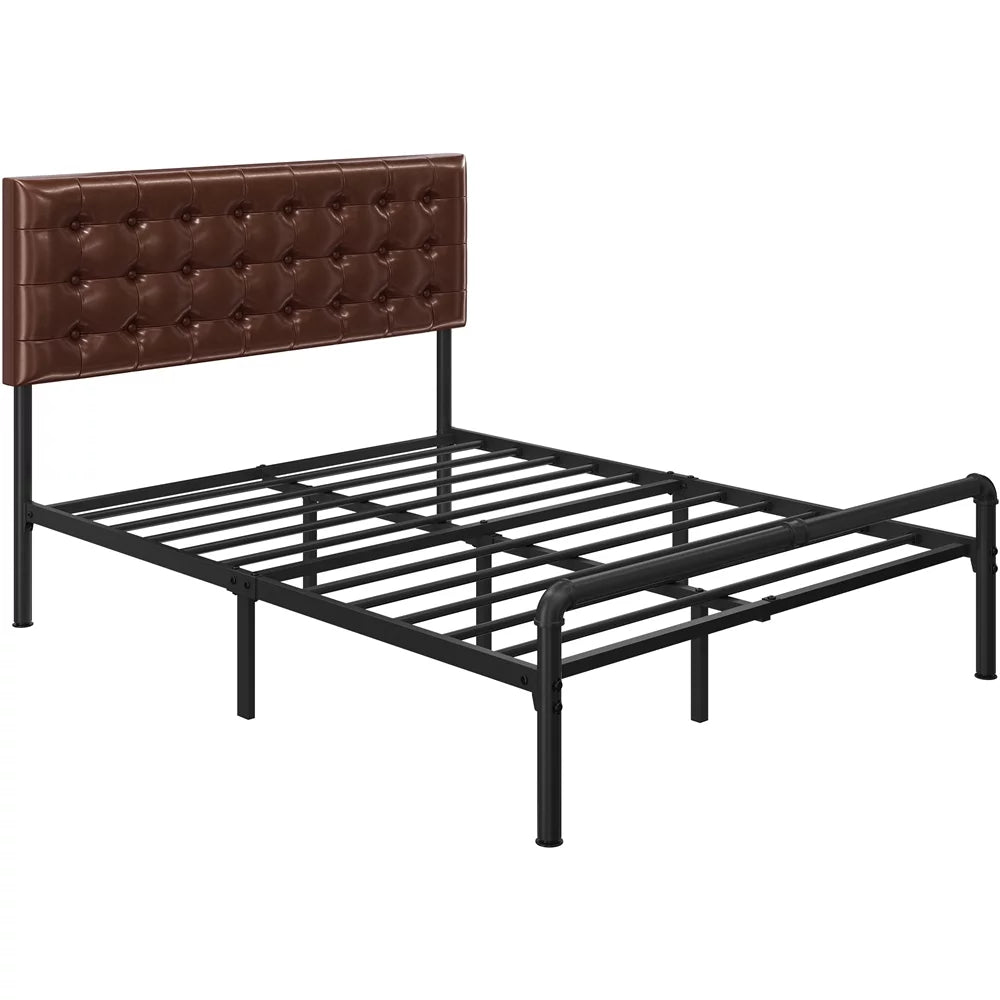 Metal Platform Bed Frame with Upholstered Headboard Queen Brown Q910