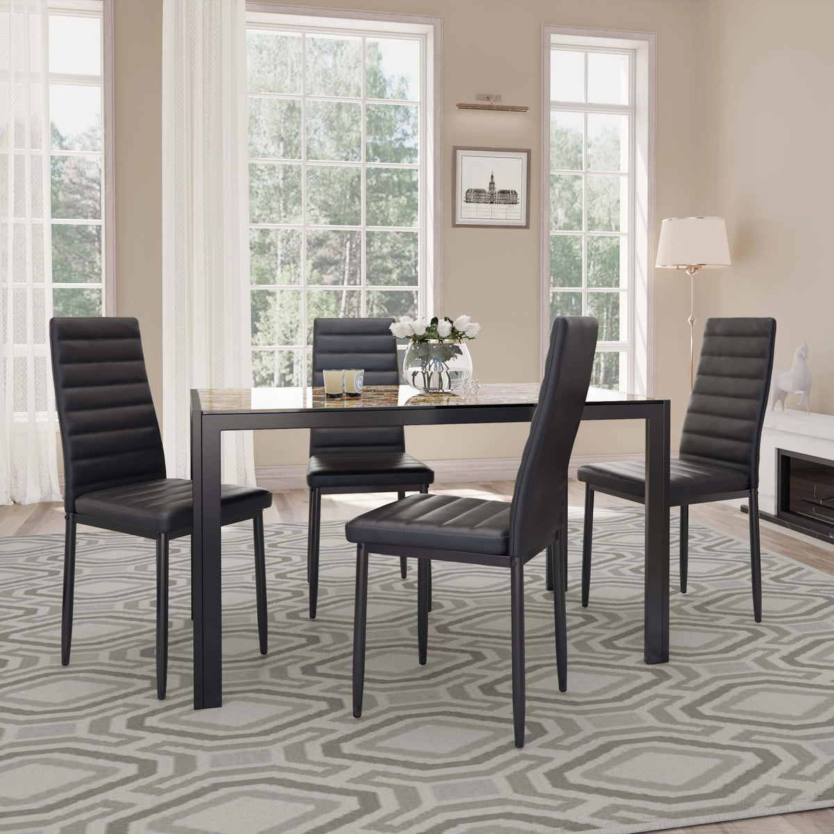 5-Piece Rectangular Kitchen Dining Table Set for 4 Black L7767