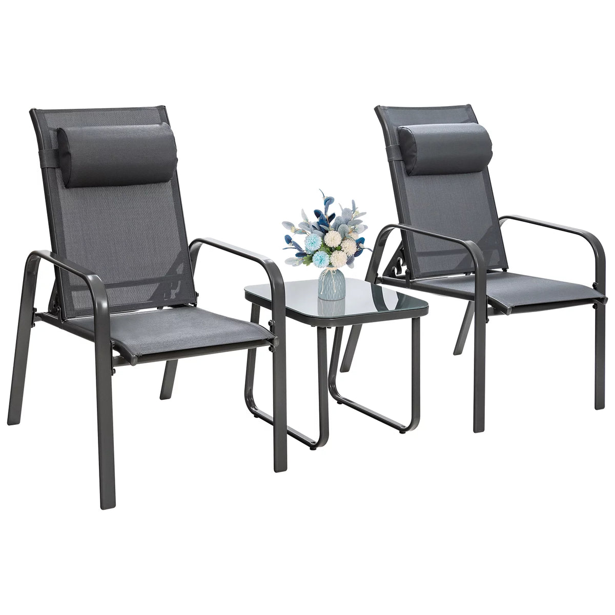 3PCS Adjustable Back Stackable Chairs Side Table Set Black N768