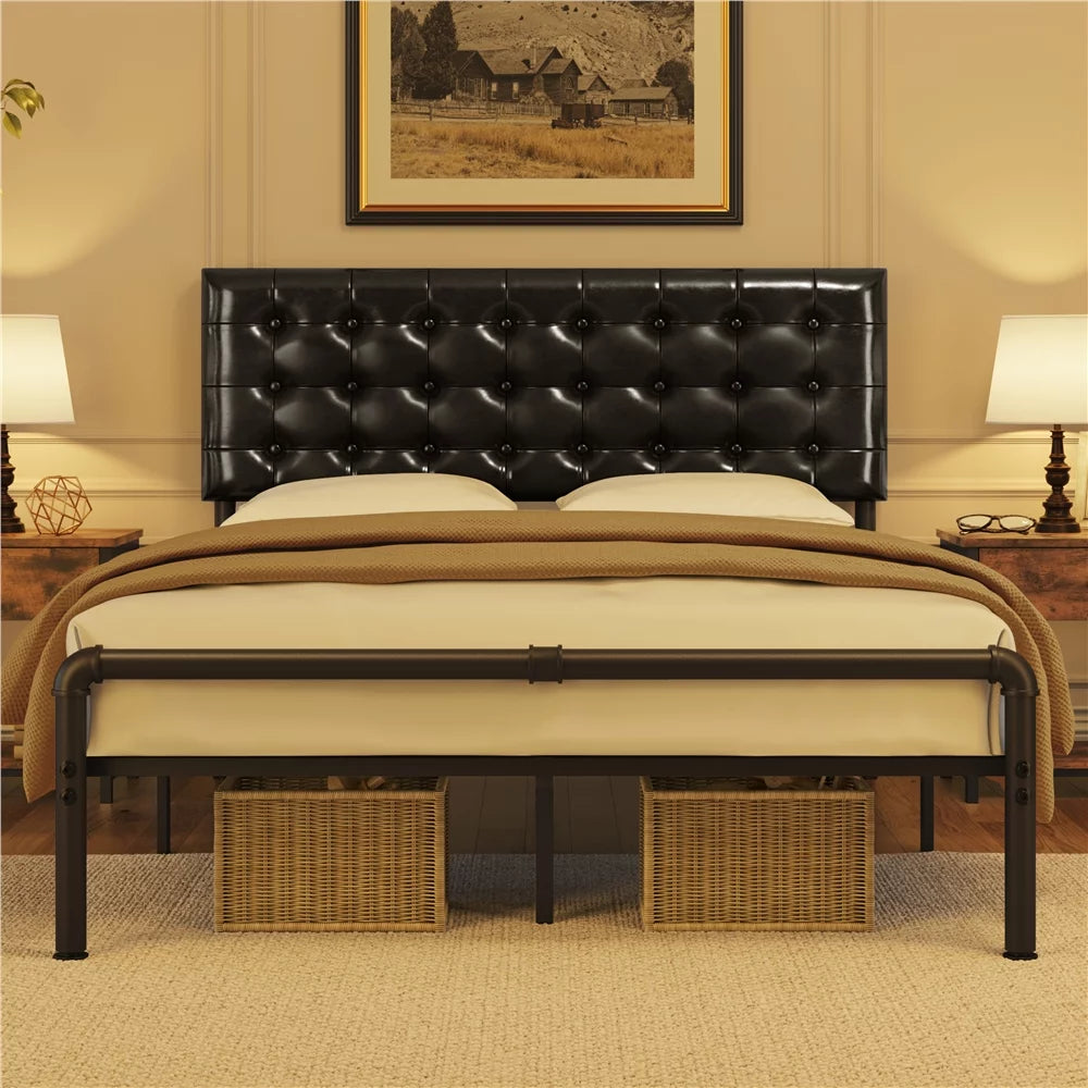 Metal Platform Bed Frame with Upholstered Headboard Queen Brown Q910
