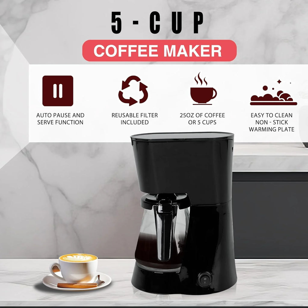 Black 5 Cups Programmable Coffee Machine 25 oz Water Tank U48316