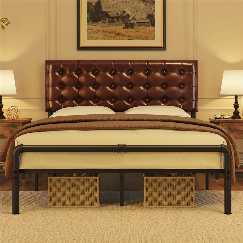 Metal Platform Bed Frame with Upholstered Headboard Queen Brown Q910